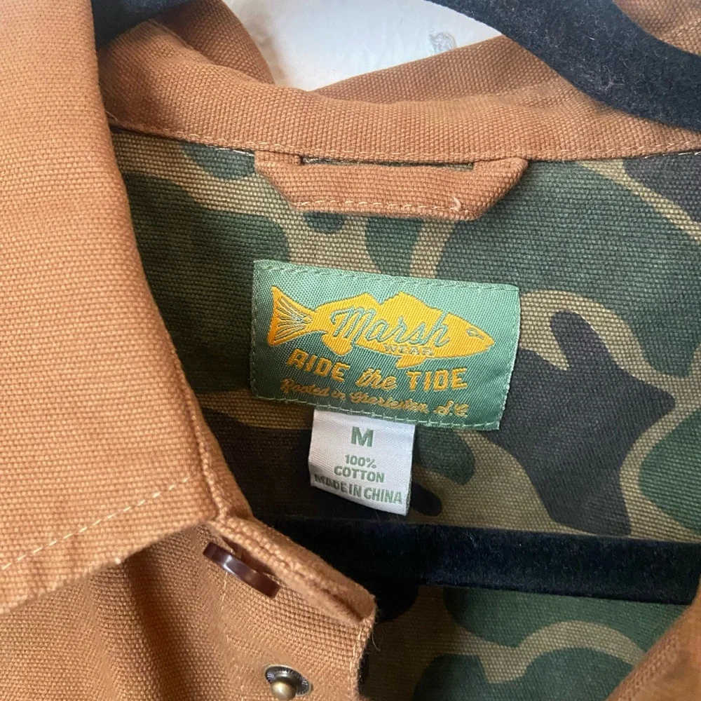 Marsh Wear Delano Shacket Brown Washed Canvas Snap Jacket Camo Lined Size M